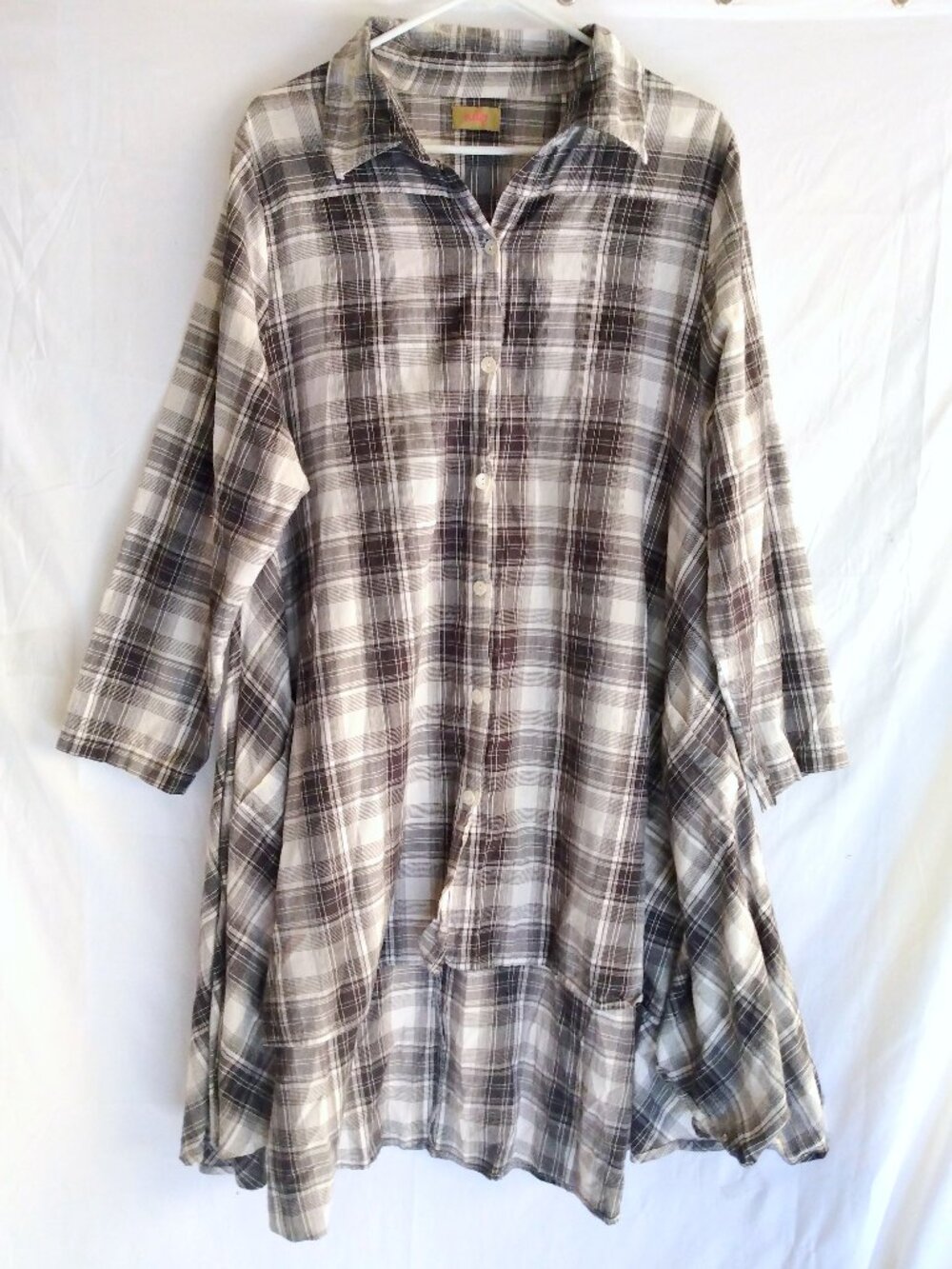 Tulip Plaid High‑Low Shirt Dress L Lagenlook Boho Cotton Asymmetrical Artsy - Picture 2 of 11